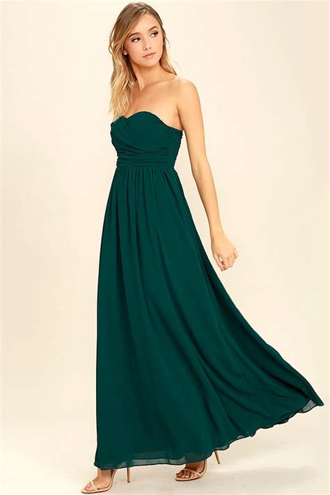 Forest Green Maxi Dress Strapless Dress Bridesmaid Dress Gown