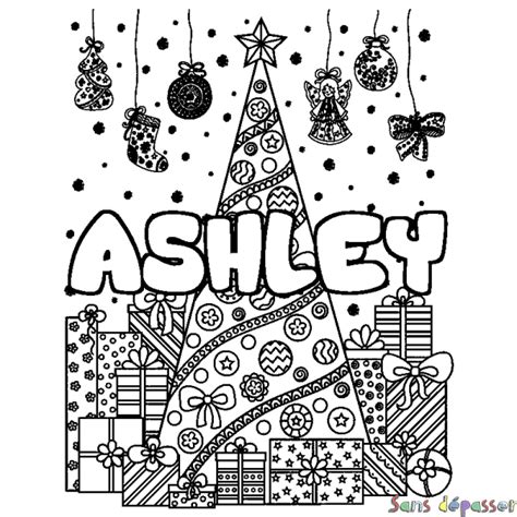 Coloriage prénom ASHLEY décor Sapin et Cadeaux Sans Dépasser