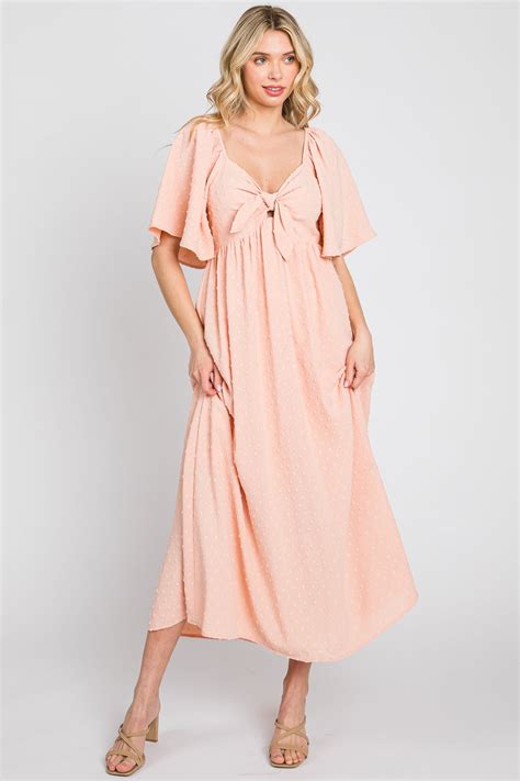 Peach Textured Dot Front Tie Ruffle Sleeve Maternity Midi Dress Pinkblush