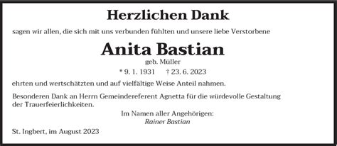 Traueranzeigen Von Anita Bastian Saarbruecker Zeitung Trauer De