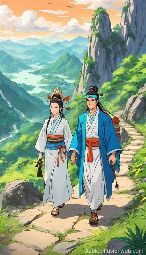 Shaman And Joseon Man On Mountain Path Pencil Sketch Stable