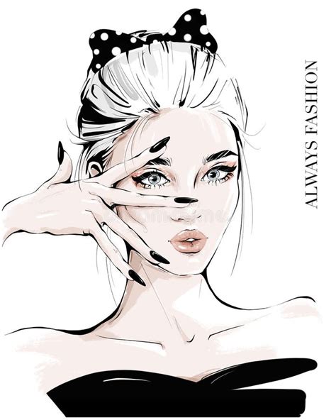 Hand Drawn Young Woman with Hand Near Face. Fashion Girl with Spotted ...