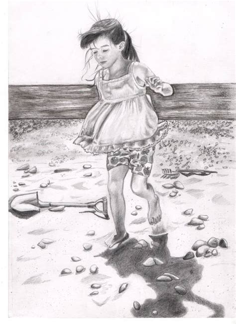 Pencil Drawing Of A Girl Walking On A Beach