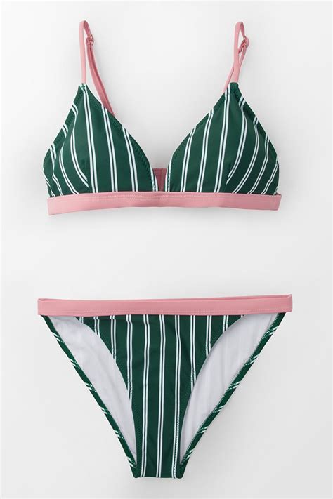 Green And White Stripe Triangle Bikini With Pink