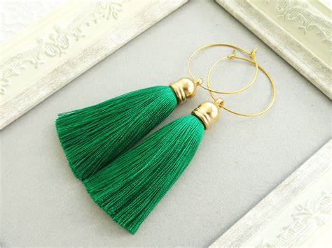 Green Silk Tassel Earrings Green Wedding Earrings Dark Green Etsy