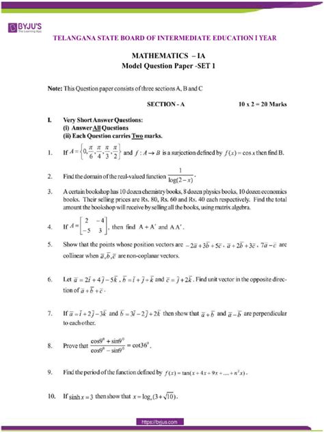 Telangana Board Class 11 Maths Ia Sample Paper Set 1 Pdf