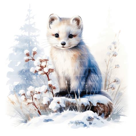 10 Ermine In Snow Clipart Digital Download Printable Watercolor