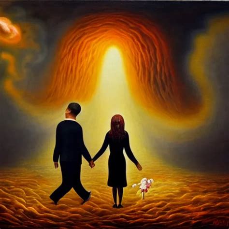 Couple Walking Hand In Hand In Heaven And Hell At The Stable