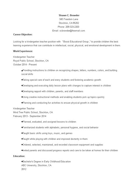 Experienced Kindergarten Teacher Resume Templates At