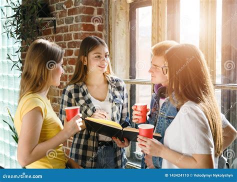 Group Of Students Drinking Coffee Stock Photo Image Of Notebook