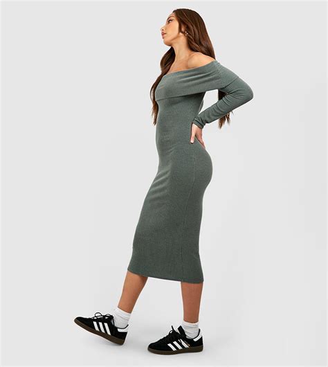 Buy Boohoo Tall Two Tone Rib Bardot Midaxi Dress In Khaki 6thstreet Qatar