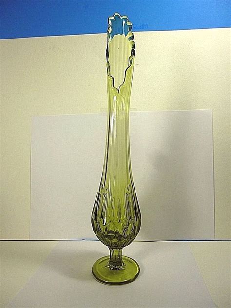 Vintage Viking Elegant Green Glass Ribbed Footed Swung Vase Tall X