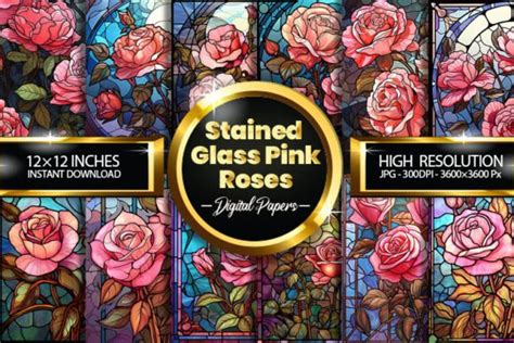 Stained Glass Pink Roses Digital Papers Graphic By Hurairagraphics