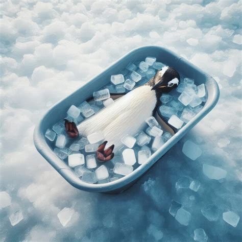 Premium Photo Penguin Lies In A Bath Filled With Ice Cubes The Concept Of Refreshment In Hot