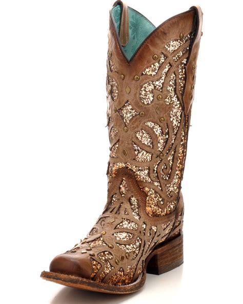 Corral Womens Orix Glitter Inlay And Studded Cowgirl Boots Square Toe