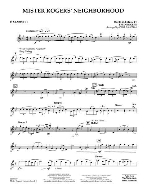 Mister Rogers Neighborhood Arr Paul Murtha Bb Clarinet 1 By Fred Rogers Sheet Music For