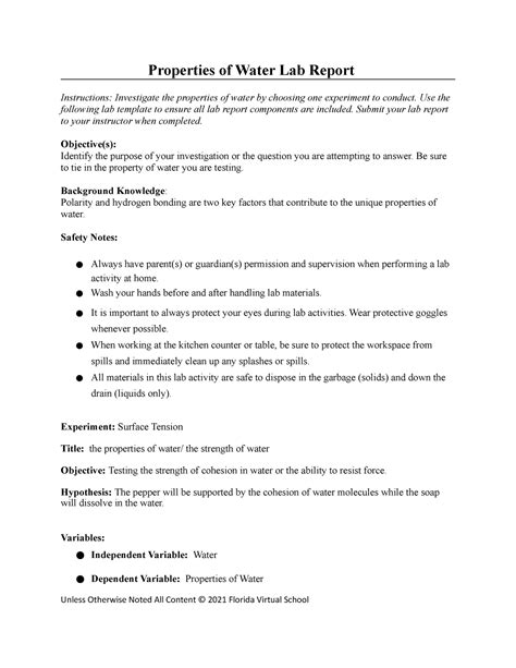 02 01 Properties Of Water Lab Report Properties Of Water Lab Report Instructions Investigate