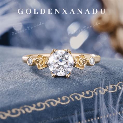 Moissanite Flower Engagement Ring Art Deco Handmade Rose Moissanite