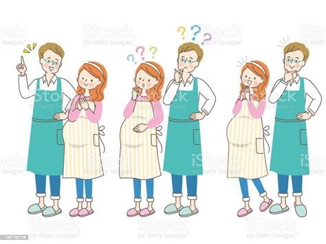 Set Of Pregnant Woman And Husband In Apron Stock Illustration