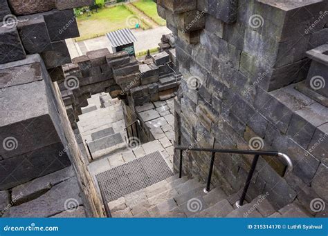 Interior Of Ancient Borobudur Temple With Empty Stairs Through Arches