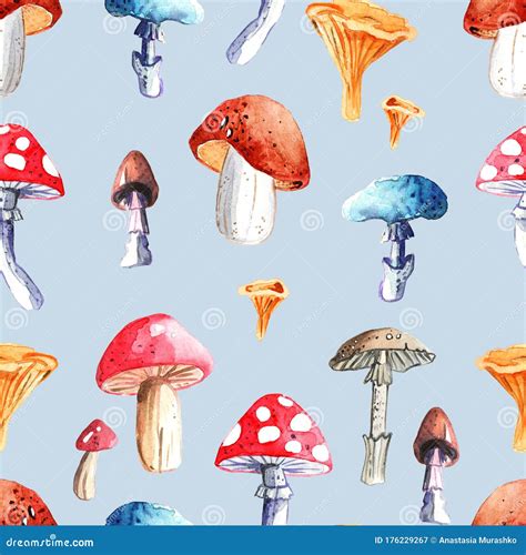 Seamless Pattern With Watercolor Mushrooms Stock Image Image Of