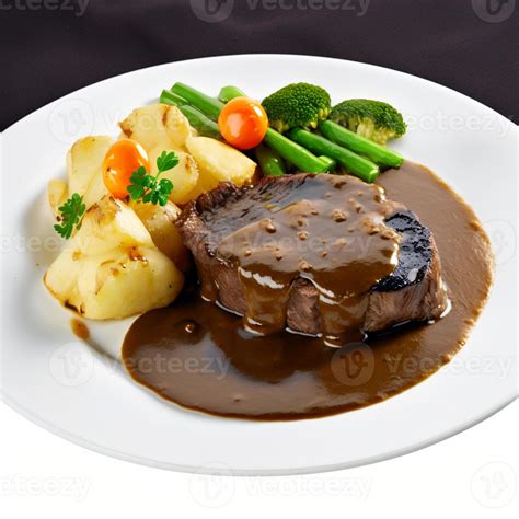 Beef Steak With Brown Sauce And Potato In White Plate Stock