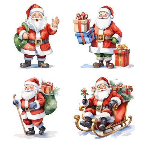 Watercolor Christmas Santa Set Vector Christmas Santa Claus Png And