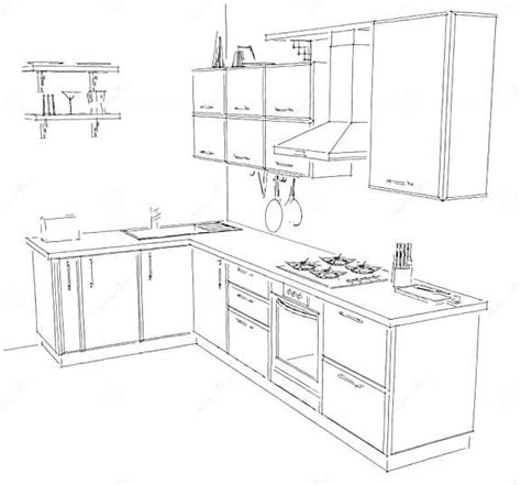 Sketch Drawing Of Modern Corner Kitchen Interior Black And White Stock