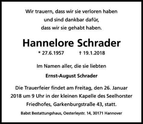 Traueranzeigen Von Hannelore Schrader Trauer Anzeigen De