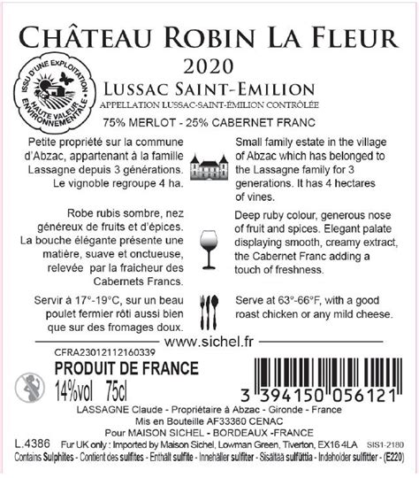 Château Robin La Fleur AOC Lussac Saint Emilion Rouge 2020 Fiche