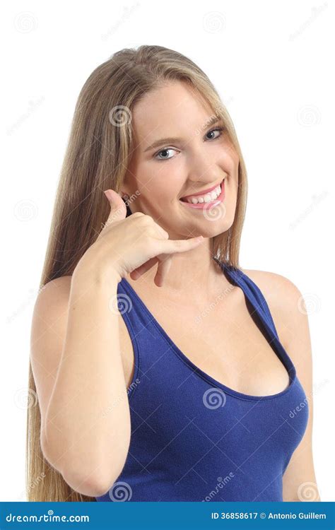 Pretty Blonde Woman Gesturing Call Me Stock Image Image Of Connection Background 36858617