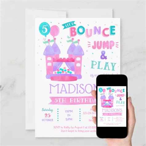 Bounce House Jump Birthday Invitations For Girl Zazzle