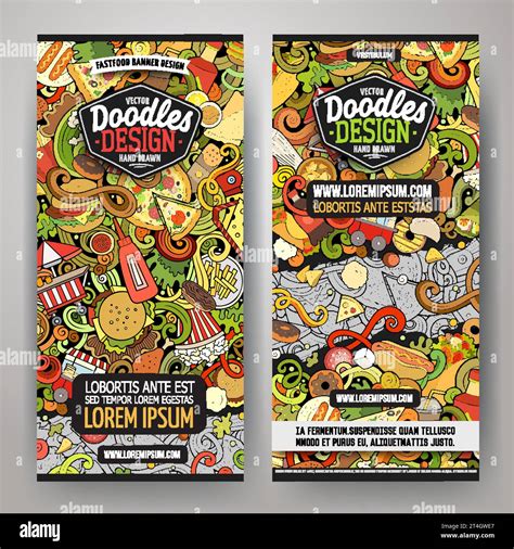 Cartoon Vector Doodle Set Of Fastfood Banners Templates Corporate Identity For The Use On Apps