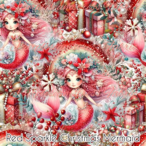 Red Sparkle Christmas Mermaids Purpleseamstress Fabric