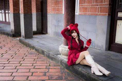 4k Asian Brunette Girl Winter Hat Sitting Hands Glove Legs