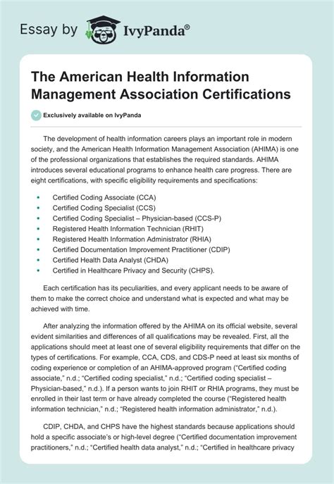 American Health Information Management Association 603 Words Essay Example