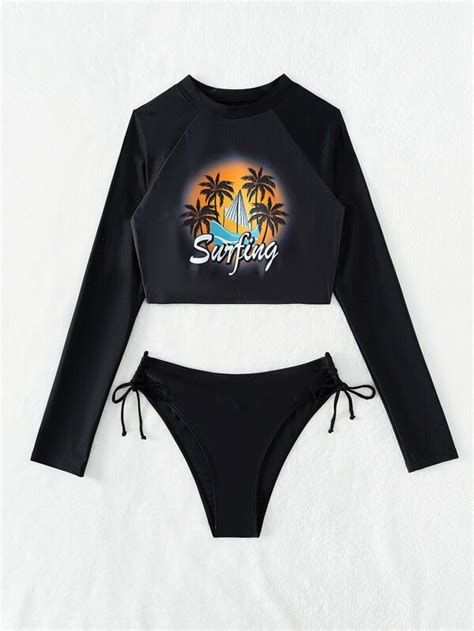 Coconut Tree Print High Neck Bikini Swimsuit Shein Usa