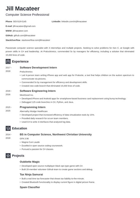 Computer Science CS Resume Template Examples For 2024