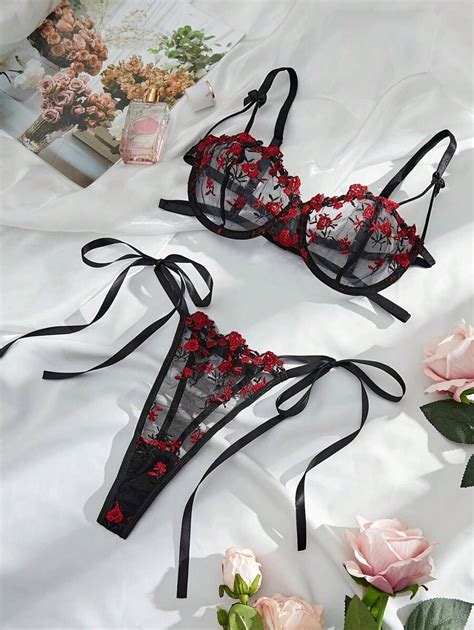 Women S Sexy Embroidered Floral See Through Bra With Side Tied Thong Lingerie Set SHEIN USA