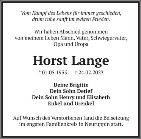 Traueranzeigen Von Horst Lange M Rkische Onlinezeitung Trauerportal