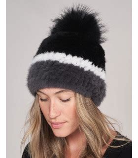 Ciara Knit Mink Beanie Hat With Fox Pom Pom In Brown Furhatworld