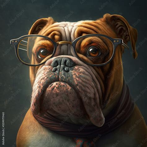 Handsome Dog With Scarf Tie And Vintage Glasses Bulldog Model