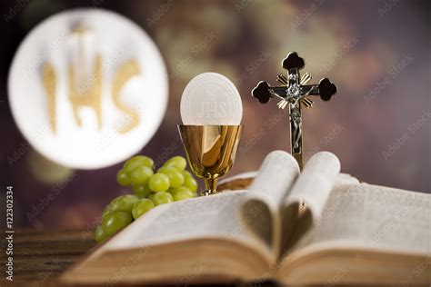 Eucharist Symbol Of Bread And Wine Chalice And Host First Comm Stock