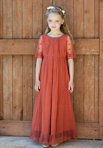 Robe Fille Terracotta Longue Pour C R Monies En Coton Et Gaze De Coton