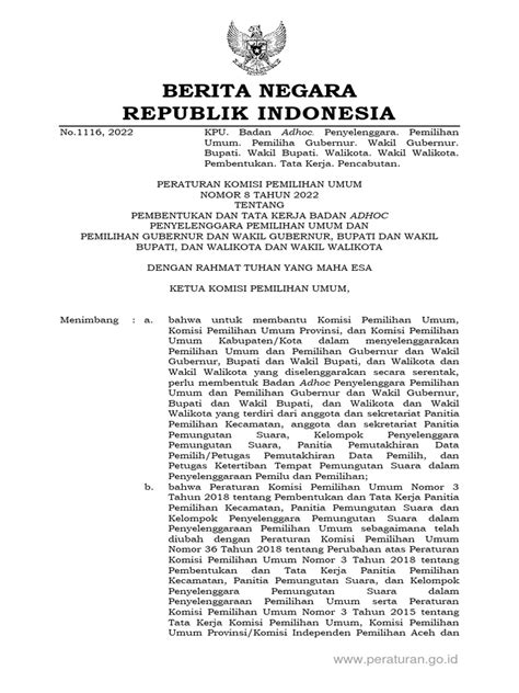 Peraturan Kpu Nomor 8 Tahun 2022 Pembentukan Dan Tata Kerja Badan Adhoc Penyelenggaran Pemilu