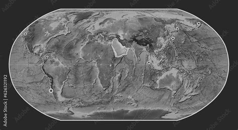 Arabian tectonic plate. Grayscale. Robinson. Earthquakes and boundaries ...