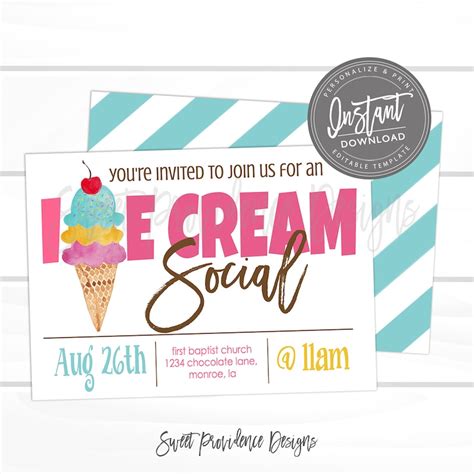 Ice Cream Social Invitation Birthday Party Editable Birthday | Etsy