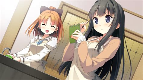 2girls Apron Ayase Sayuki Black Hair Blue Eyes Blush Book Bow Brown Hair Cube Game Cg Kantoku