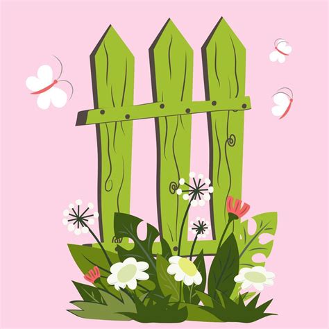 Spring Clip Art With Wild Flowers Butterflies And Green Fence