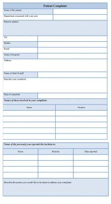 Patient Complaint Form Template Sample MS Word DOC